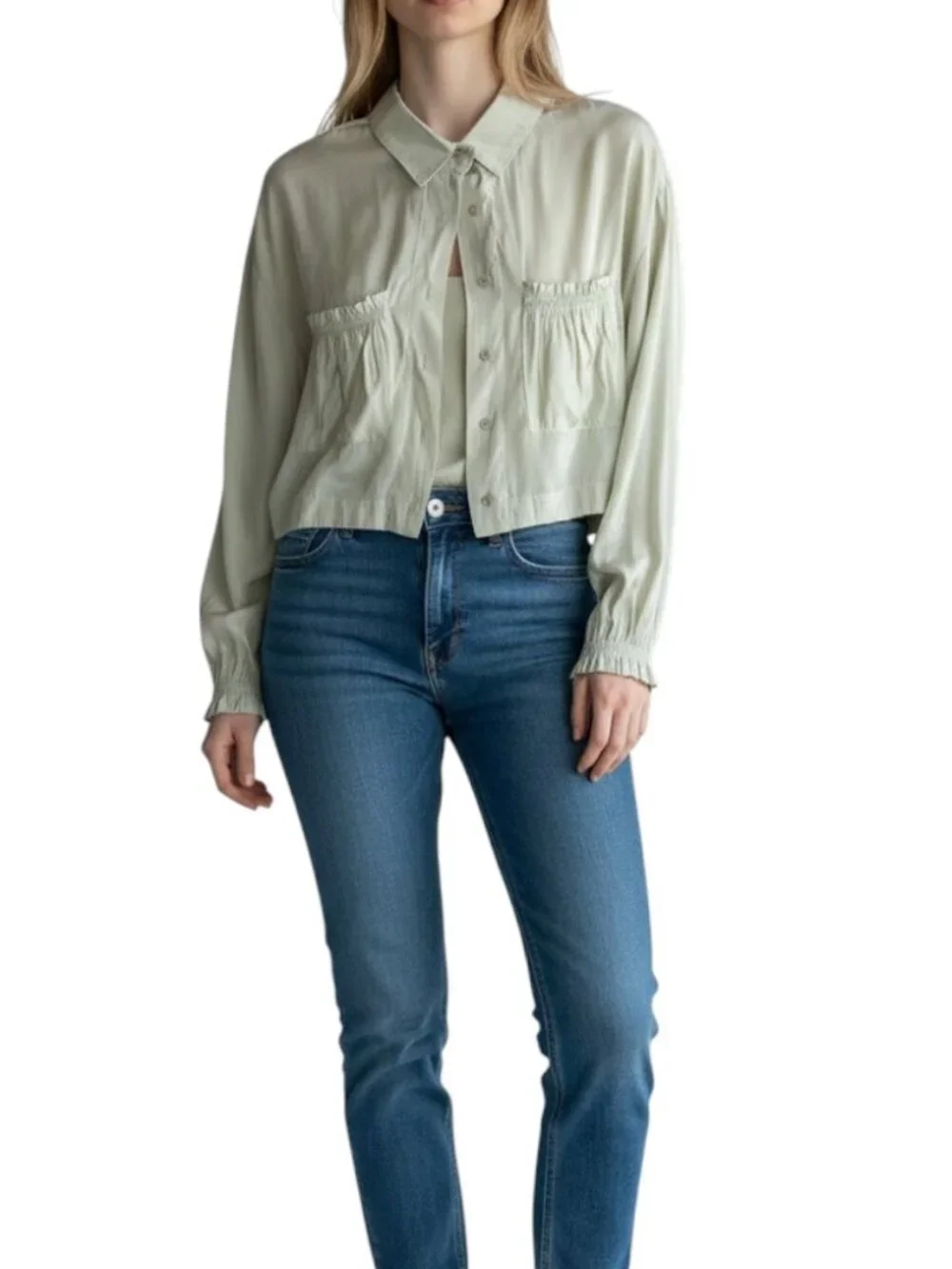 Cropped Sage Green Utility Blouse Drawstring Cinch Hem Shacket Size Medium - Picture 10 of 11
